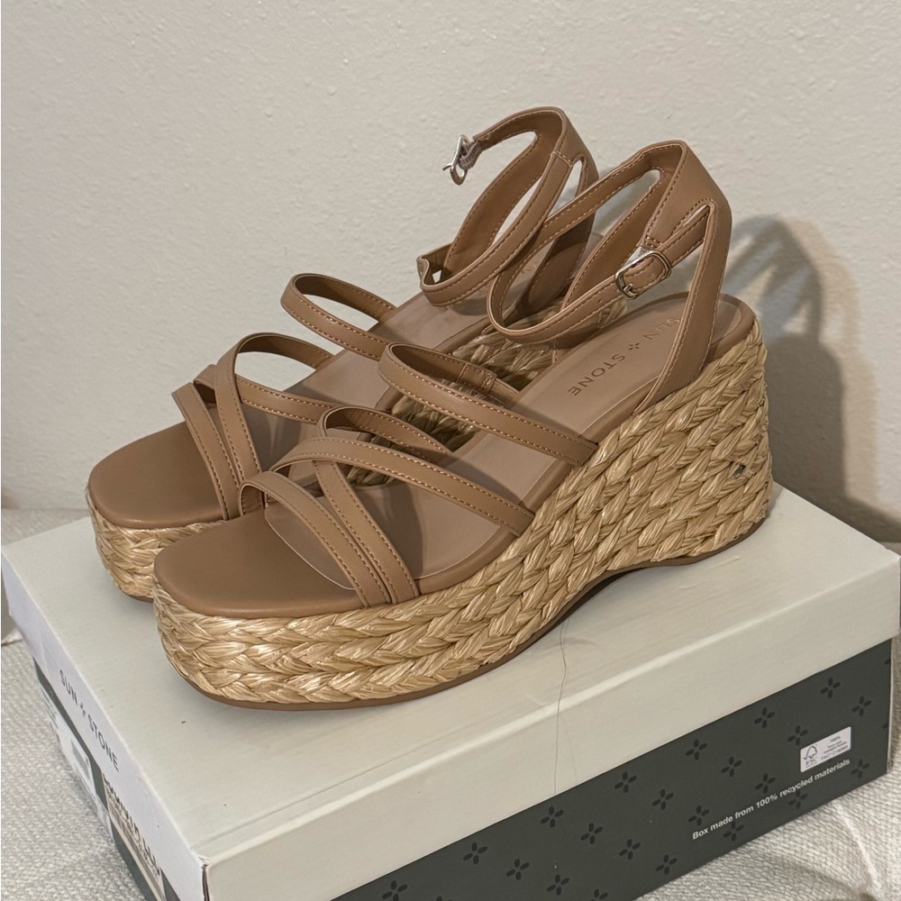Sun + Stone Nude Braided Wedge Sandals with Ankle Strap